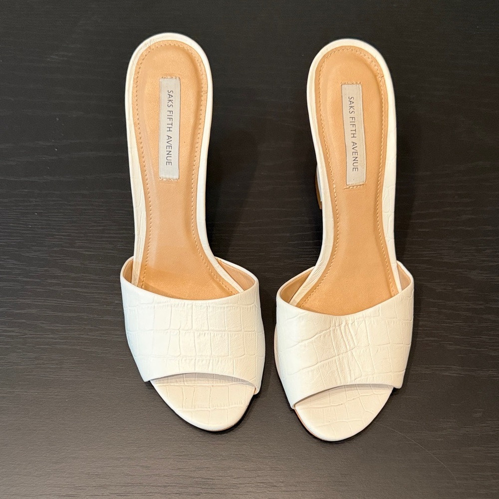 Saks Fifth Avenue White Croc-Embossed Leather Heeled Sandals - Picture 2 of 8